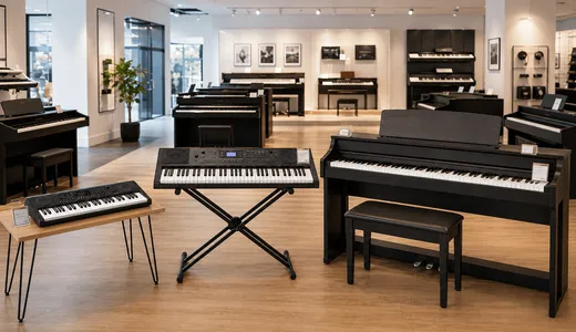 Beginner keyboards and digital pianos displayed in a piano showroom
