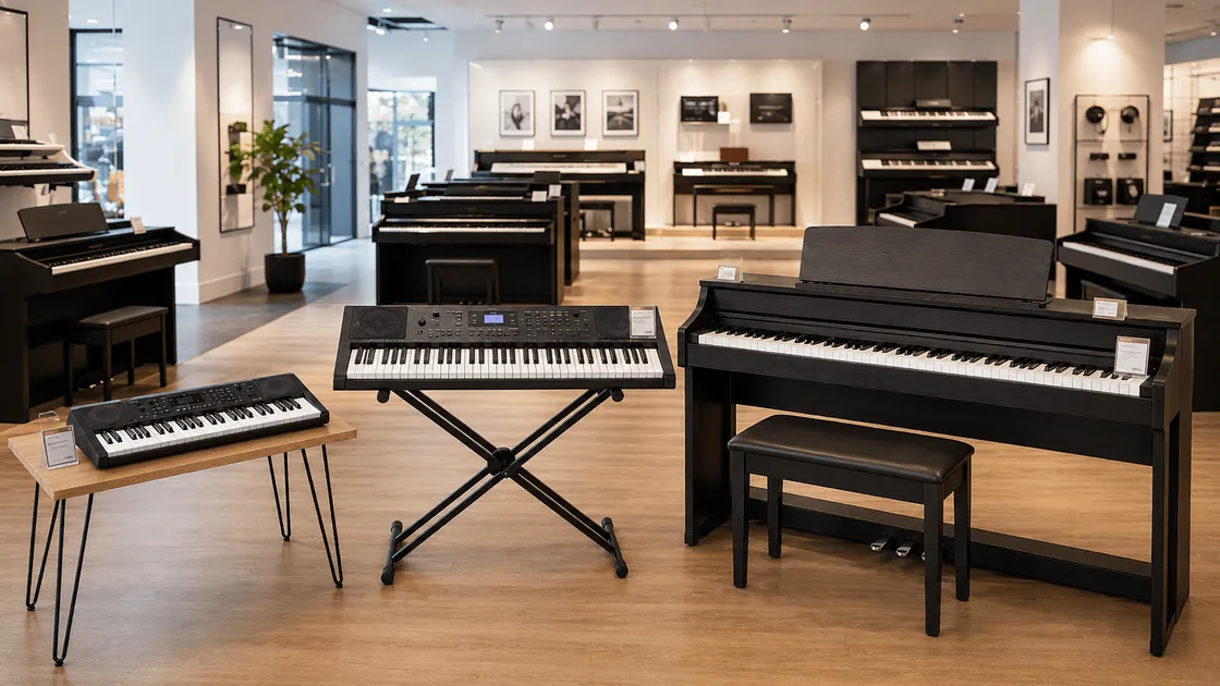 Beginner keyboards and digital pianos displayed in a piano showroom