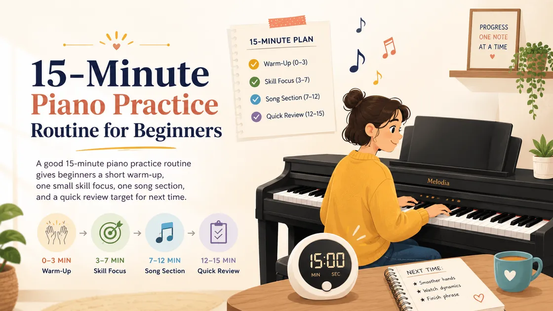 Illustrated 15-minute piano practice routine with a beginner at a digital piano, timer, and practice plan