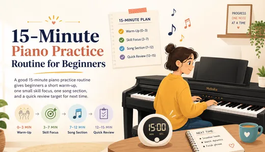 Illustrated 15-minute piano practice routine with a beginner at a digital piano, timer, and practice plan