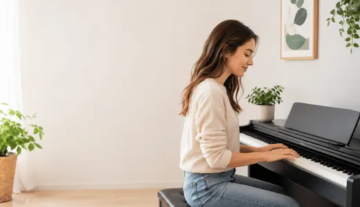 Adult beginner practicing piano on a digital piano at home