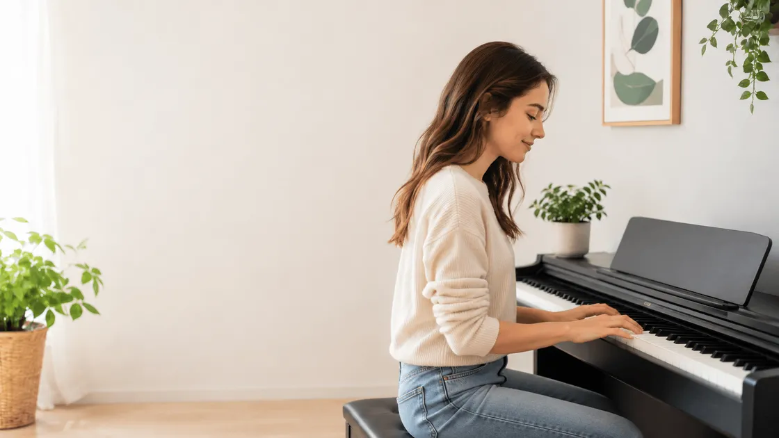 Adult beginner practicing piano on a digital piano at home