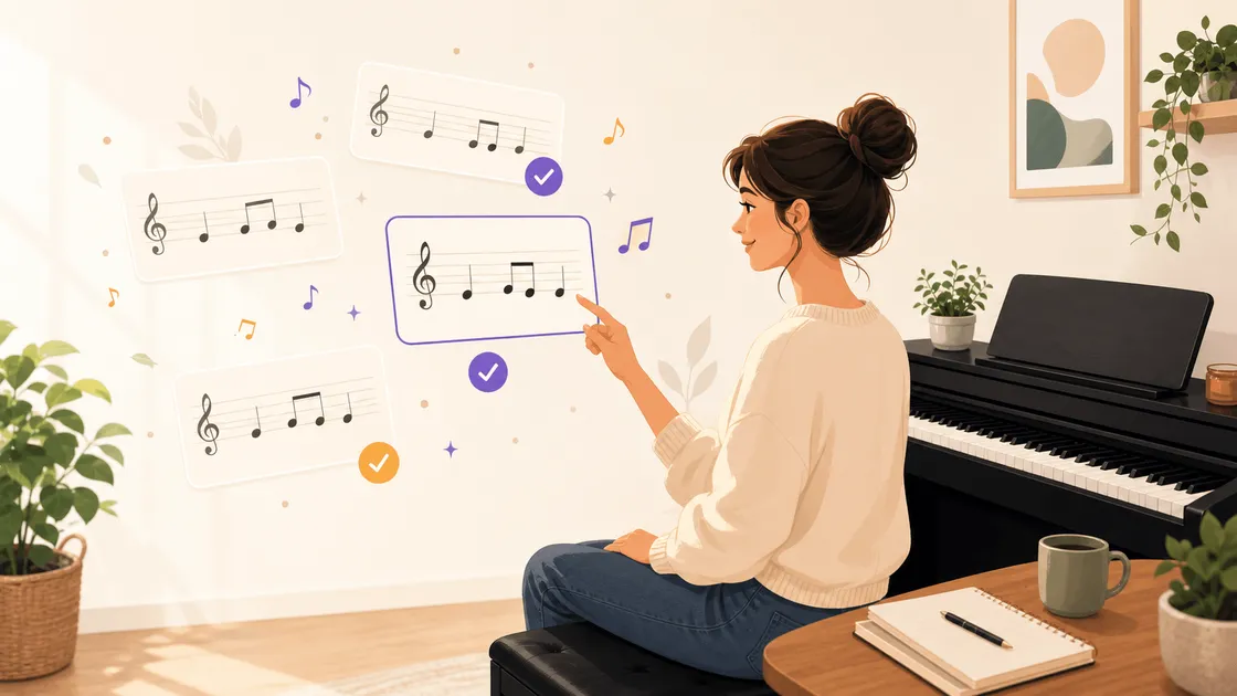 Illustrated beginner choosing simple piano song cards beside a digital piano