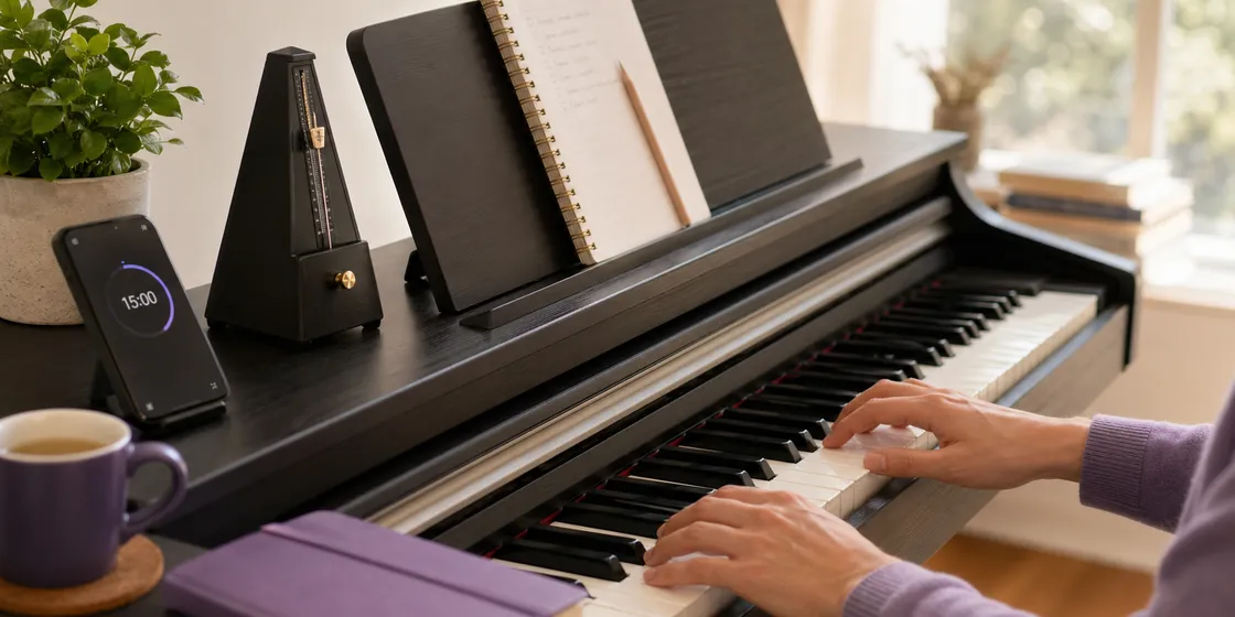 Beginner piano practice setup with keyboard, notebook, and timer