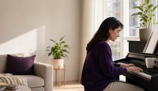 Adult beginner practicing piano at home near a window