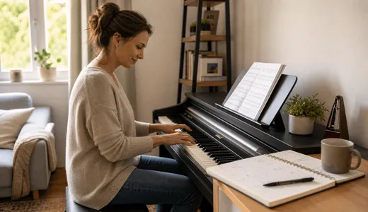Adult beginner practicing piano with a notebook for tracking progress