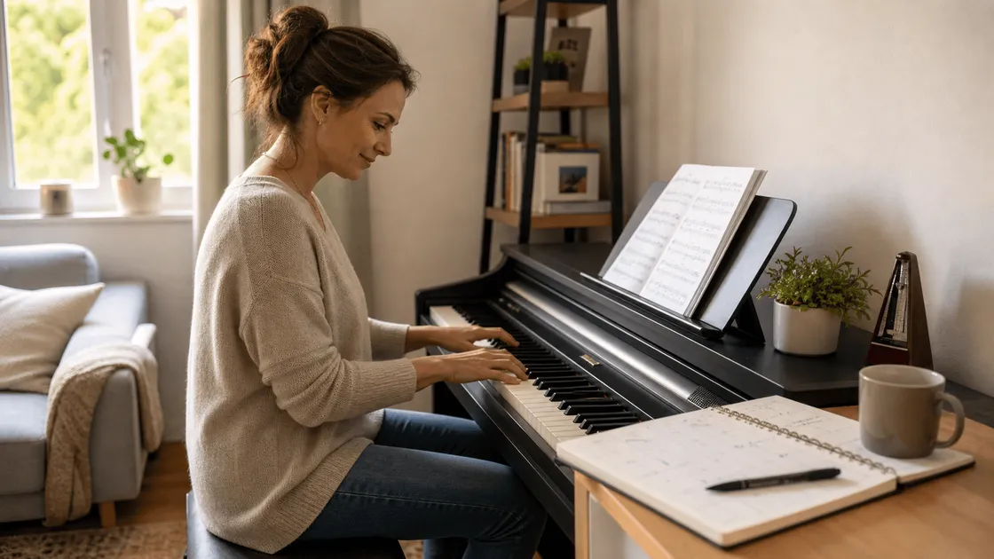Adult beginner practicing piano with a notebook for tracking progress